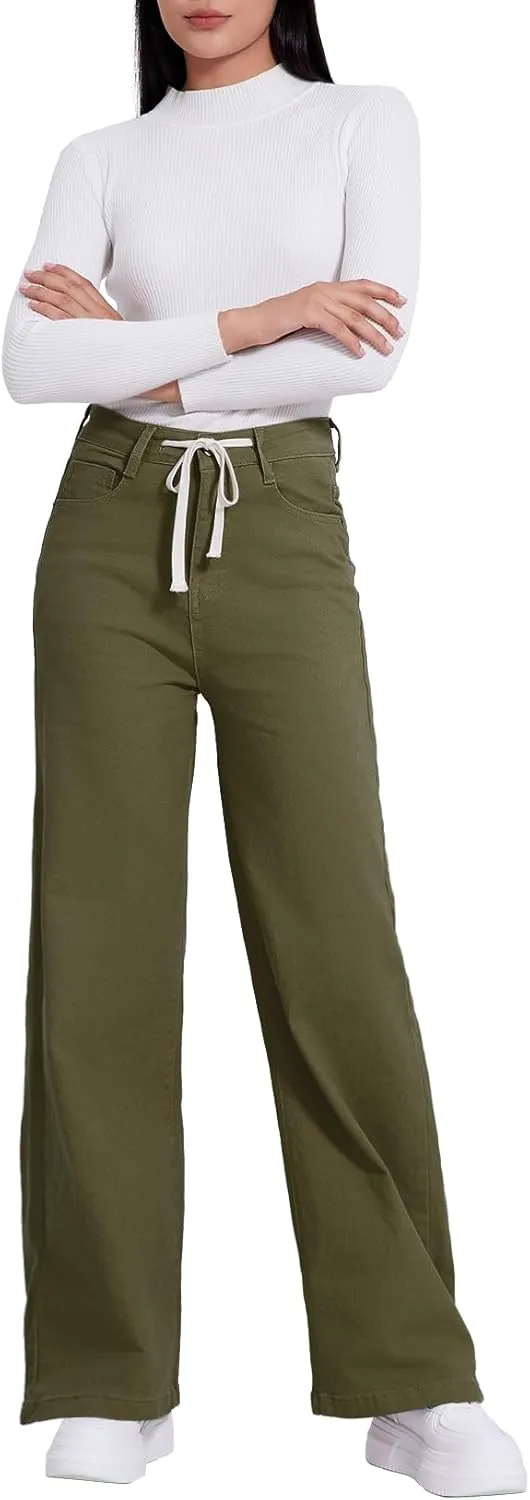 Allimy Womens Drawstring High Waist Wide Leg Jeans Straight Leg Washed Denim Jeans Pants