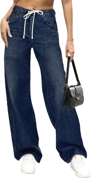 Allimy Womens Drawstring High Waist Wide Leg Jeans Straight Leg Washed Denim Jeans Pants