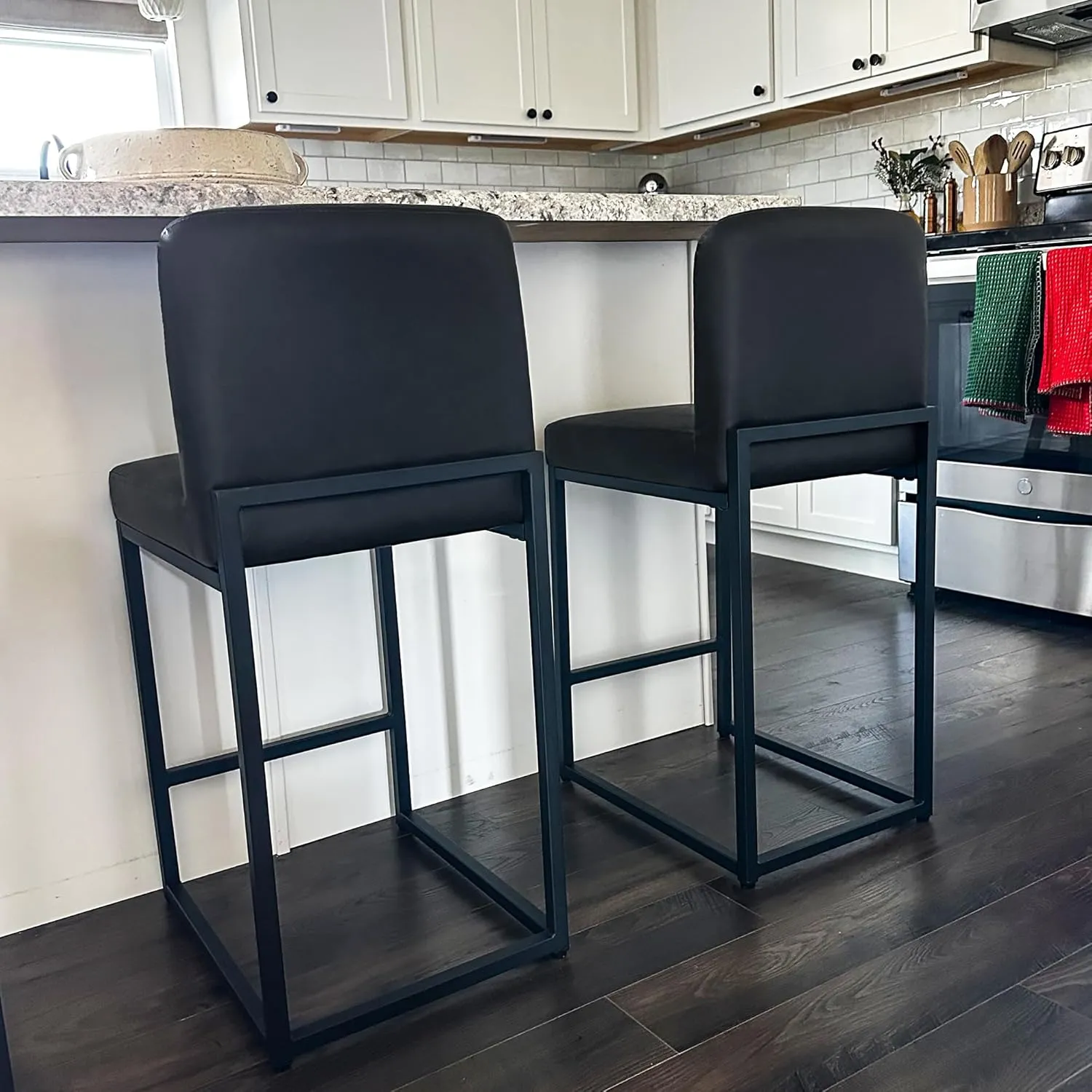 ALPHA HOME Counter Height Bar Stools, 24” Kitchen Counter Stools Set of 1, Pu Leather Kitchen Modern Bar Chairs with Back&Footrest, Sturdy Chromed Metal Steel Frame, Black