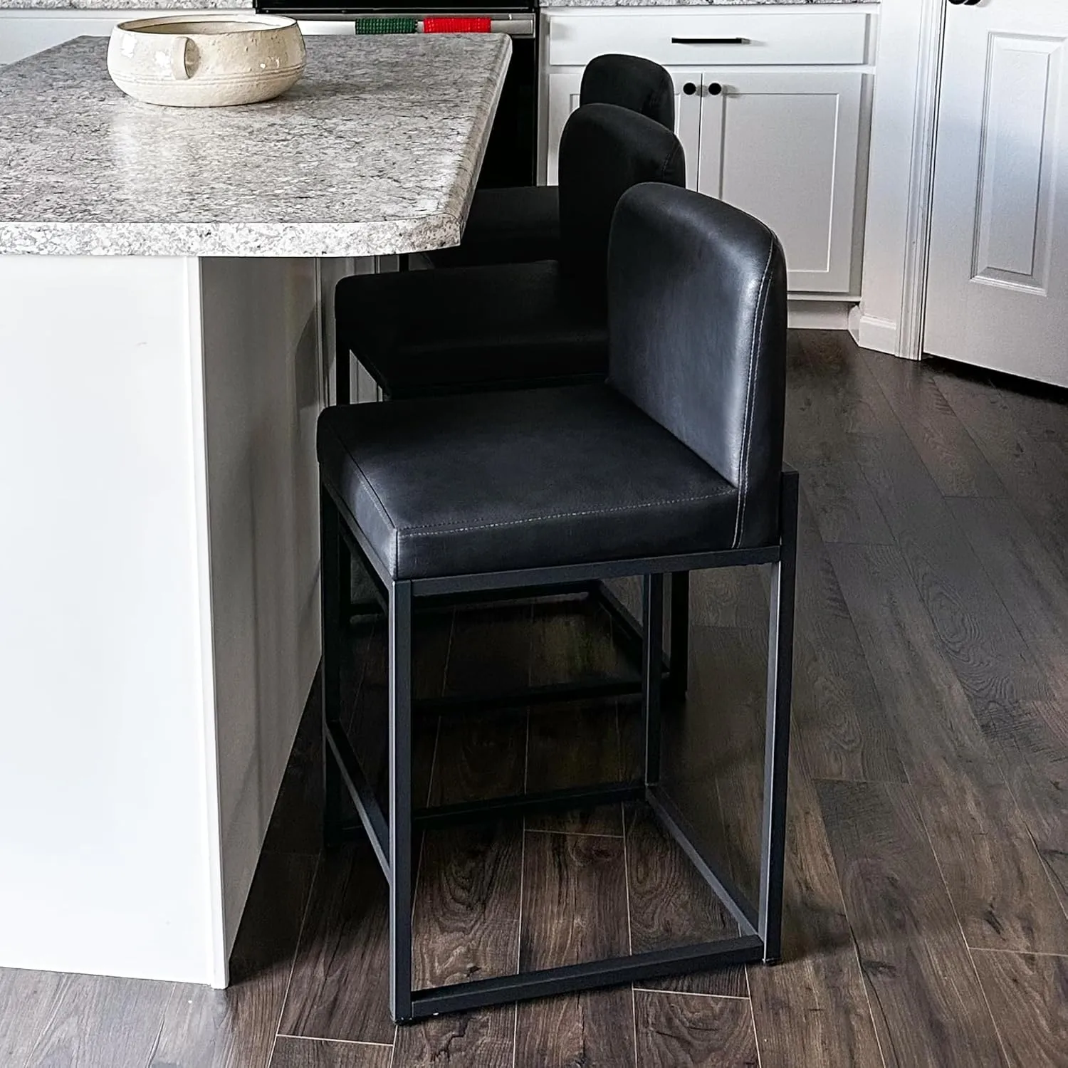 ALPHA HOME Counter Height Bar Stools, 24” Kitchen Counter Stools Set of 1, Pu Leather Kitchen Modern Bar Chairs with Back&Footrest, Sturdy Chromed Metal Steel Frame, Black