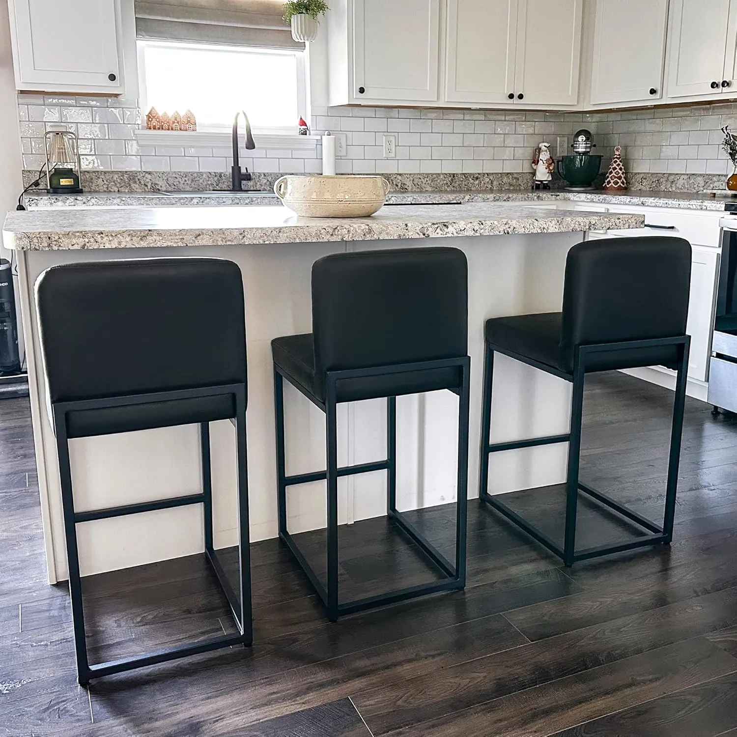 ALPHA HOME Counter Height Bar Stools, 24” Kitchen Counter Stools Set of 1, Pu Leather Kitchen Modern Bar Chairs with Back&Footrest, Sturdy Chromed Metal Steel Frame, Black