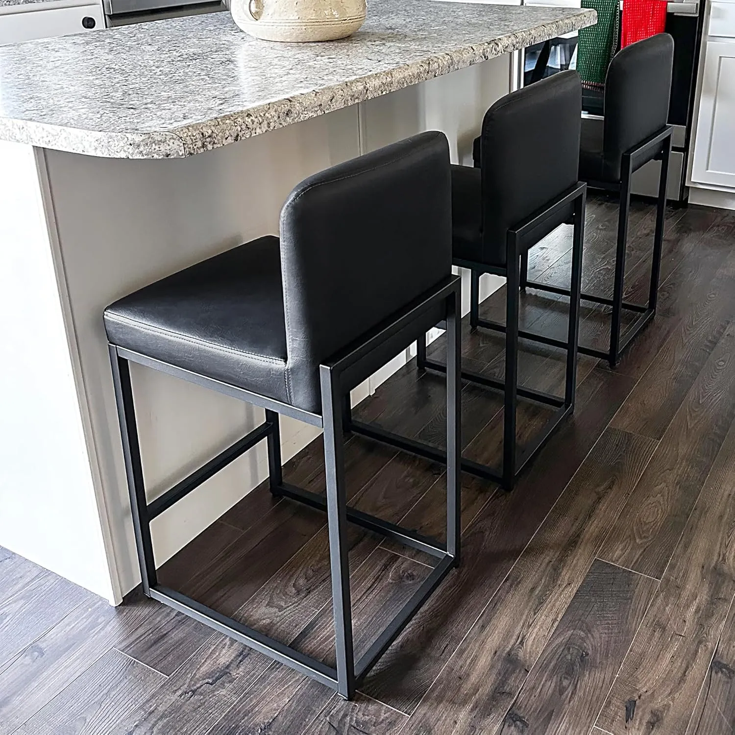 ALPHA HOME Counter Height Bar Stools, 24” Kitchen Counter Stools Set of 1, Pu Leather Kitchen Modern Bar Chairs with Back&Footrest, Sturdy Chromed Metal Steel Frame, Black