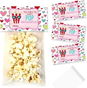 Amanda Creation You Make My Heart Pop Popcorn Themed Happy Valentine's Day Bag Toppers for Party Favor Treat Bags, Set of 20 Bag Toppers With 20 Self-Adhesive Bags Also Included