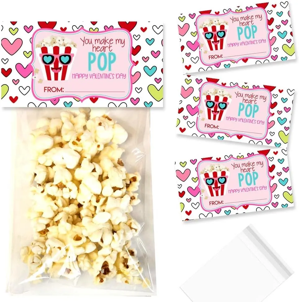 Amanda Creation You Make My Heart Pop Popcorn Themed Happy Valentine's Day Bag Toppers for Party Favor Treat Bags, Set of 20 Bag Toppers With 20 Self-Adhesive Bags Also Included