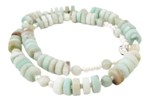 Amazonite Gemstone Beaded Necklace with Freshwater Cultured Pearls for Summer