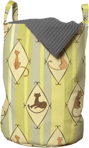 Ambesonne Cats Laundry Bag, Rhythmic Cat Motifs in Rhombus Elements on Vertical Striped Backdrop Print, Hamper Basket with Handles Drawstring Closure for Laundromats, 13" x 19", Mustard Avocado Green