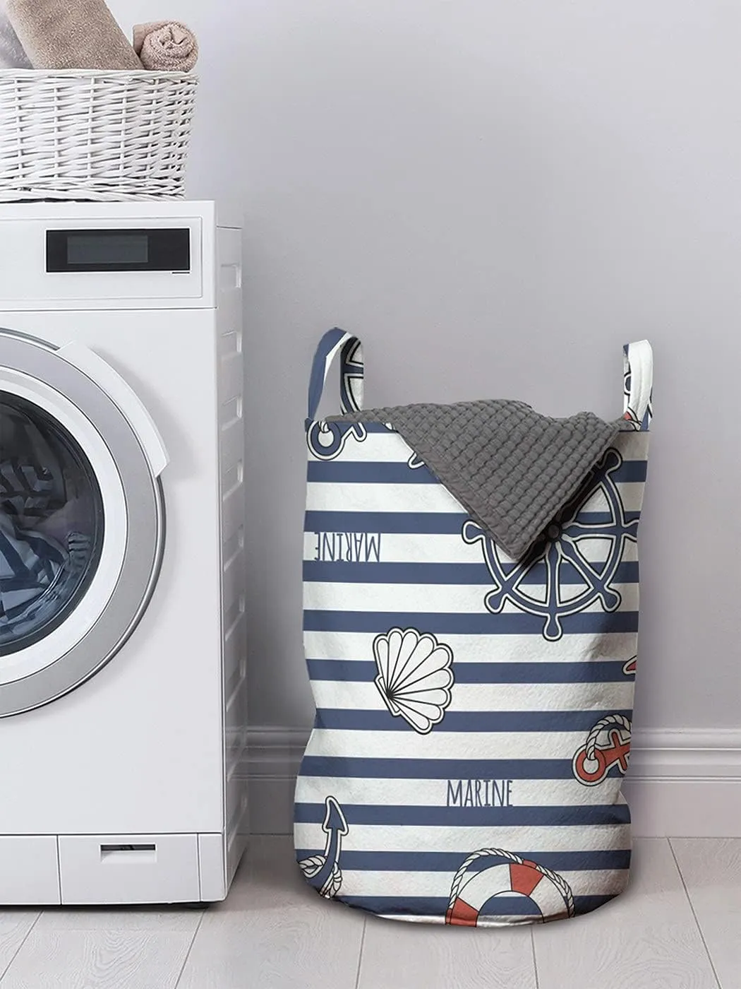 Ambesonne Nautical Laundry Bag, Marine Lettering with Mainstay Anchor on The Sailor Striped Background, Hamper Basket with Handles Drawstring Closure for Laundromats, 13" x 19", Navy Blue White
