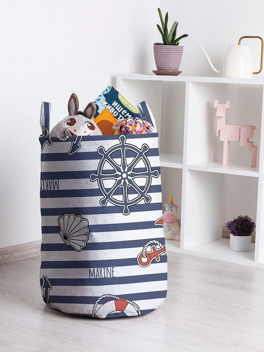 Ambesonne Nautical Laundry Bag, Marine Lettering with Mainstay Anchor on The Sailor Striped Background, Hamper Basket with Handles Drawstring Closure for Laundromats, 13" x 19", Navy Blue White