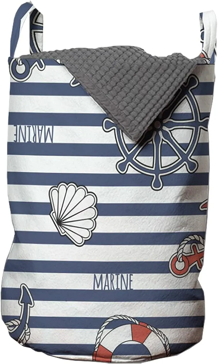 Ambesonne Nautical Laundry Bag, Marine Lettering with Mainstay Anchor on The Sailor Striped Background, Hamper Basket with Handles Drawstring Closure for Laundromats, 13" x 19", Navy Blue White