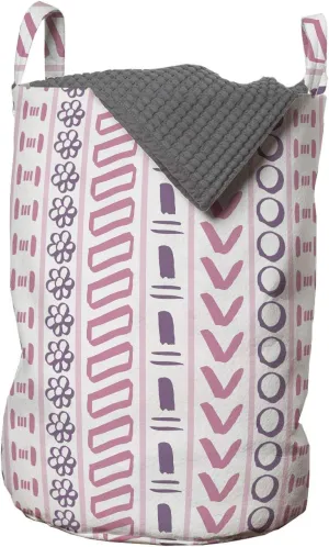Ambesonne Striped Laundry Bag, Prehistoric Shapes with Flowers Circles Folk Culture Inspired Trippy Motif, Hamper Basket with Handles Drawstring Closure for Laundromats, 13" x 19", Pink Purple
