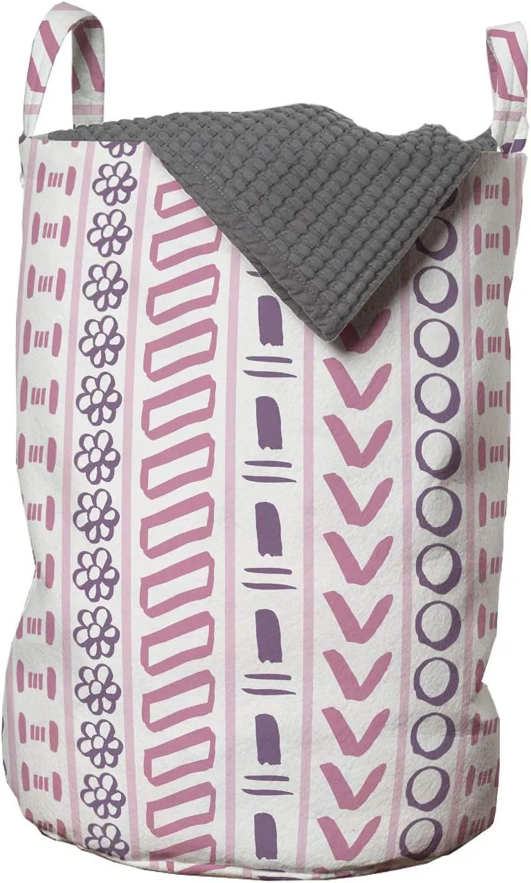 Ambesonne Striped Laundry Bag, Prehistoric Shapes with Flowers Circles Folk Culture Inspired Trippy Motif, Hamper Basket with Handles Drawstring Closure for Laundromats, 13" x 19", Pink Purple