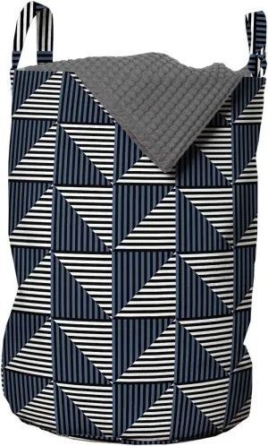 Ambesonne Striped Laundry Bag, Symmetrical and Geometrical Pattern with Rhombus Triangle Shapes Stripes, Hamper Basket with Handles Drawstring Closure for Laundromats, 13" x 19", Dark Blue Black White