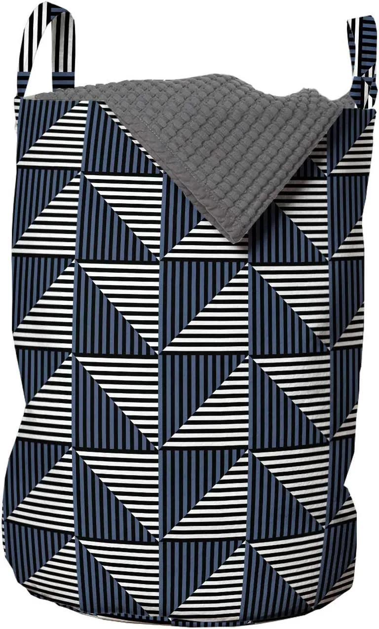 Ambesonne Striped Laundry Bag, Symmetrical and Geometrical Pattern with Rhombus Triangle Shapes Stripes, Hamper Basket with Handles Drawstring Closure for Laundromats, 13" x 19", Dark Blue Black White