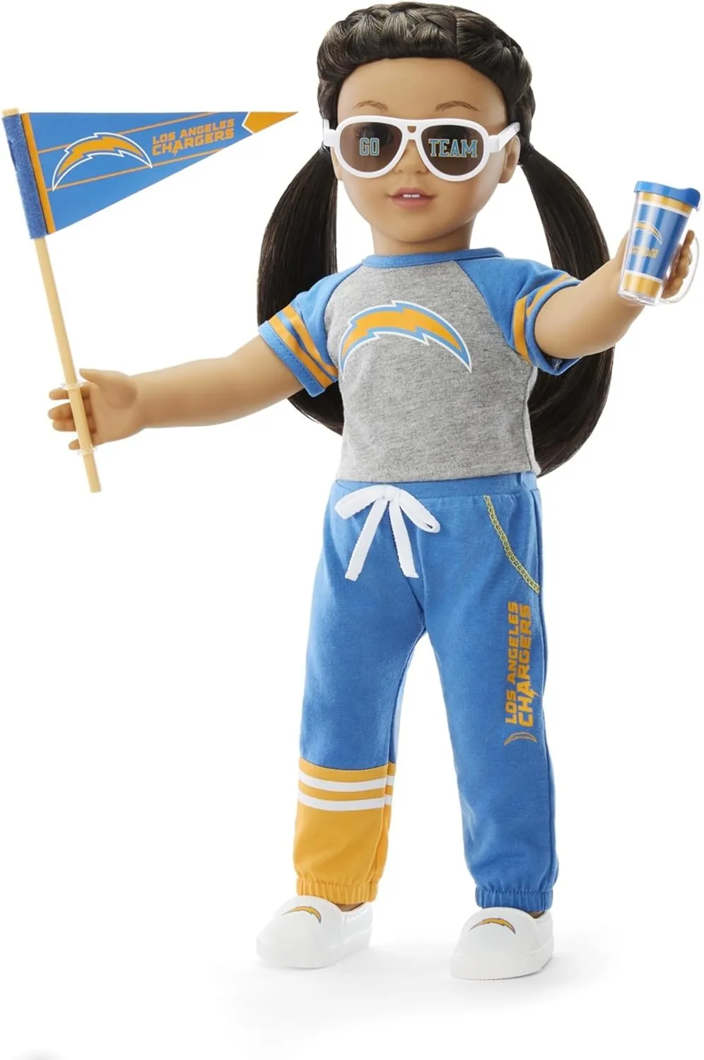 American Girl Los Angeles Chargers 18 inch Doll Fan Outfit and Accessories, Blue and Yellow, 6 pcs, Ages 6 