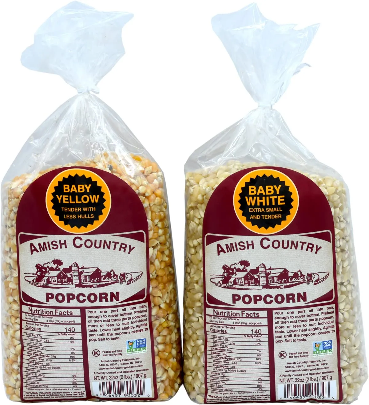 Amish Country Popcorn | 2-2 lb Bags | 2 lb Baby White & 2 lb Baby Yellow Popcorn Kernels | Old Fashioned, Non-GMO and Gluten Free