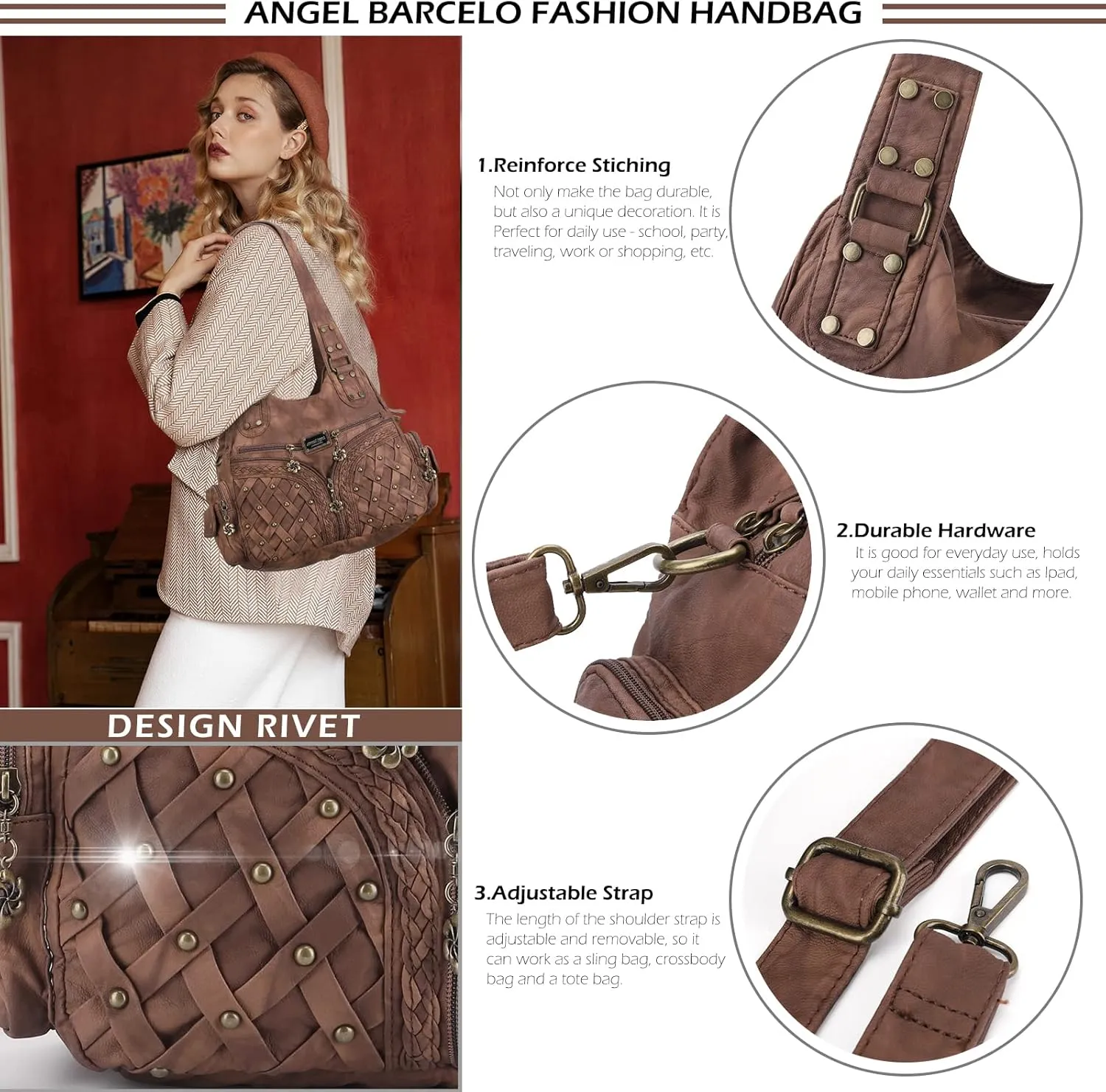 Angel Barcelo Purses and Handbags Women Tote Shoulder Top Handle Satchel Hobo Bags Fashion Washed PU Leather Purse