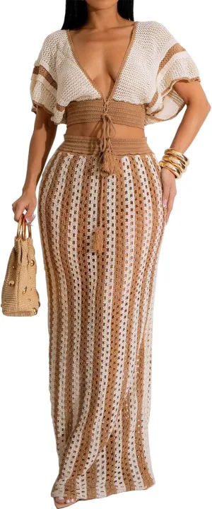 Angsuttc Two Piece Skirt Sets for Women Crochet Knit Short Sleeve V Neck Cropped Shirts Maxi Skirt Outfits