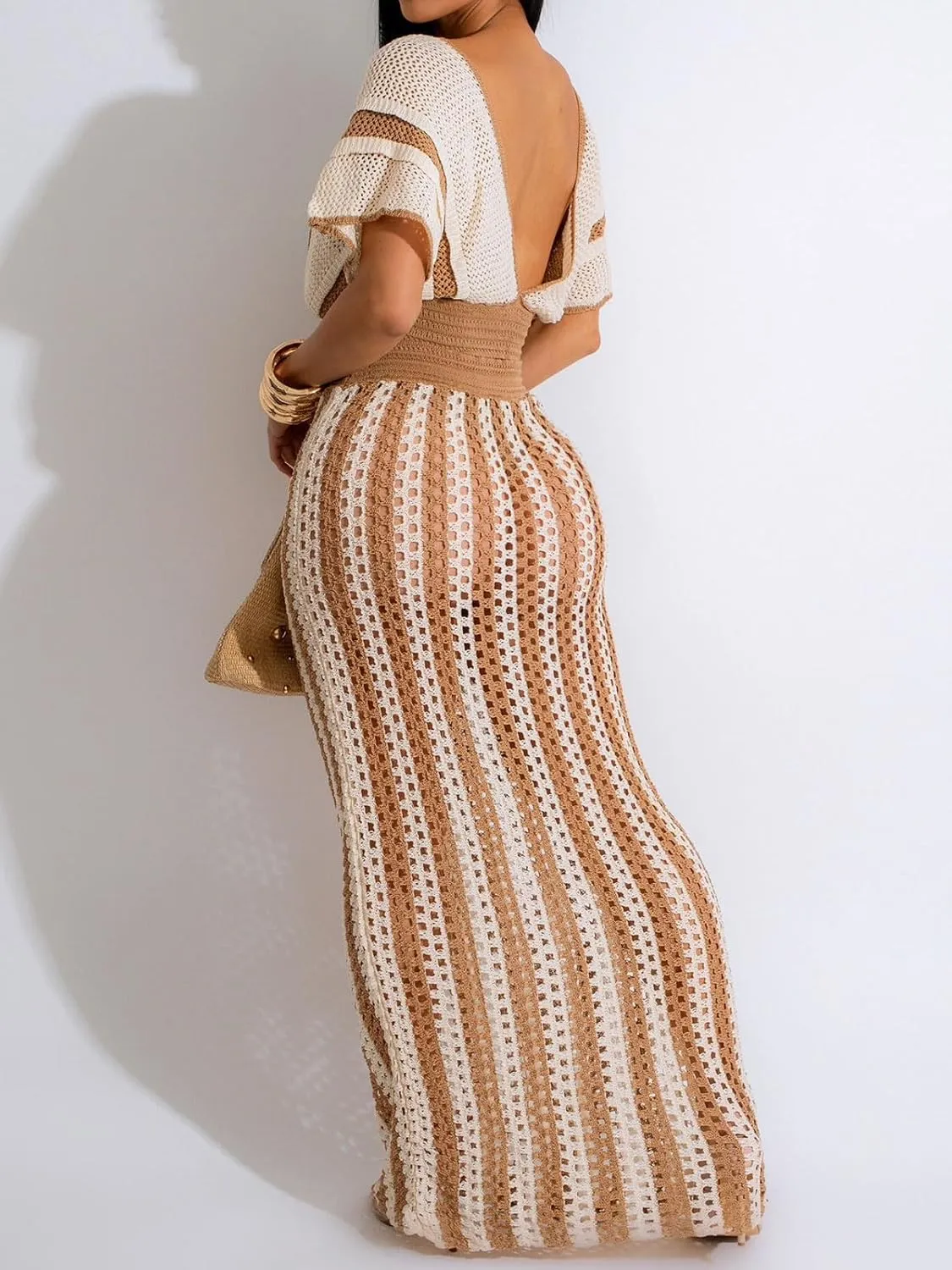Angsuttc Two Piece Skirt Sets for Women Crochet Knit Short Sleeve V Neck Cropped Shirts Maxi Skirt Outfits