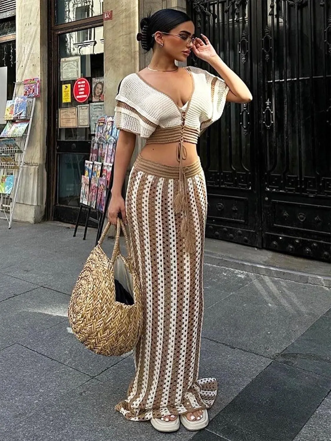 Angsuttc Two Piece Skirt Sets for Women Crochet Knit Short Sleeve V Neck Cropped Shirts Maxi Skirt Outfits