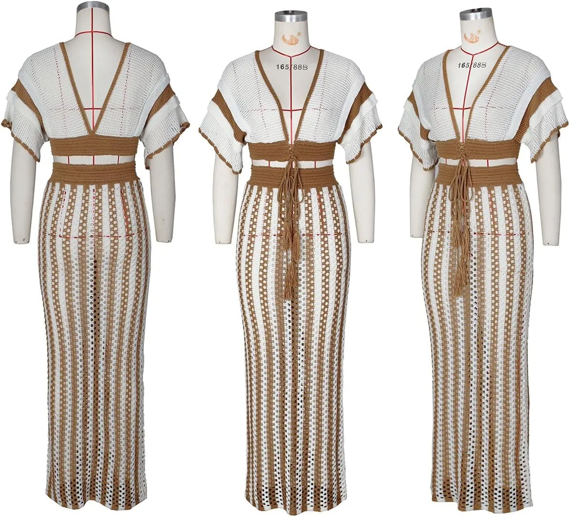 Angsuttc Two Piece Skirt Sets for Women Crochet Knit Short Sleeve V Neck Cropped Shirts Maxi Skirt Outfits