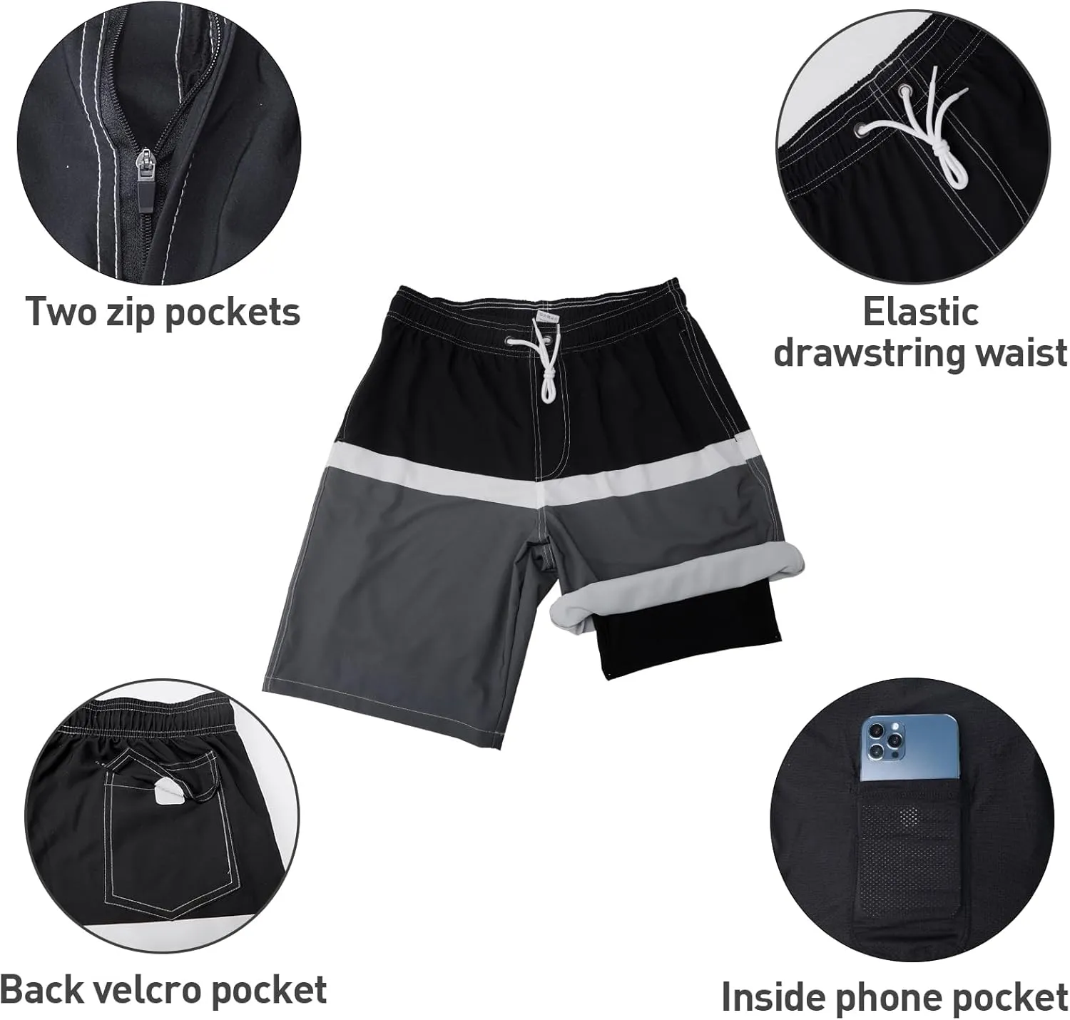 Arcweg Mens Swim Trunks with Compression Liner 9” Men Beach Board 2 in 1 Bathing Suit with Zipper Pockets, Quick Dry