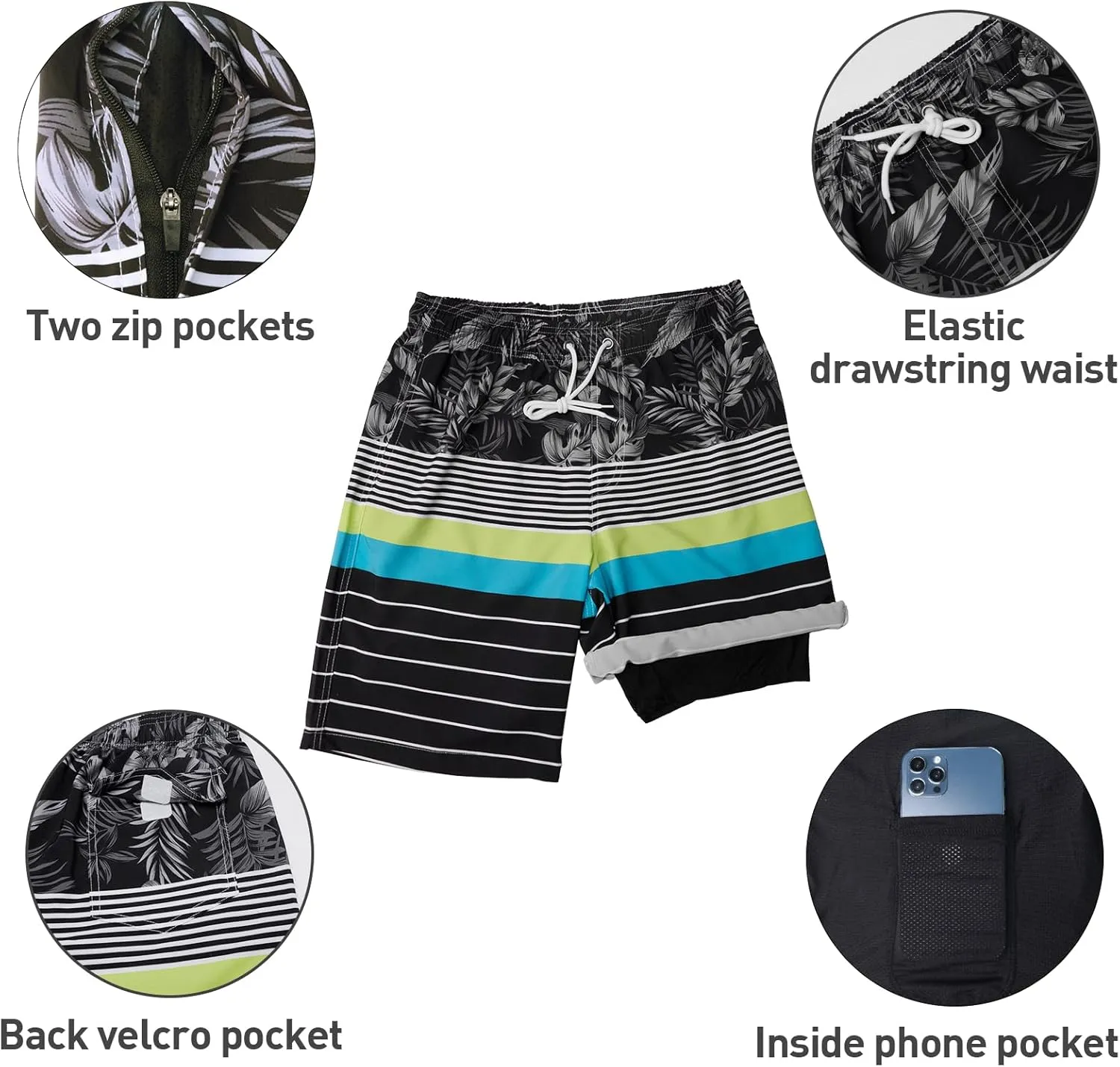 Arcweg Mens Swim Trunks with Compression Liner 9” Men Beach Board 2 in 1 Bathing Suit with Zipper Pockets, Quick Dry