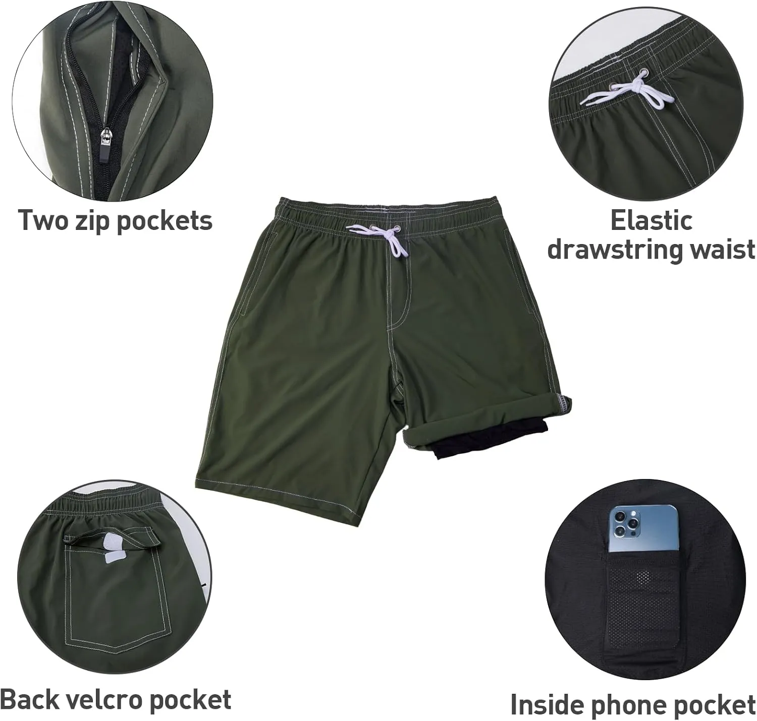 Arcweg Mens Swim Trunks with Compression Liner 9” Men Beach Board 2 in 1 Bathing Suit with Zipper Pockets, Quick Dry