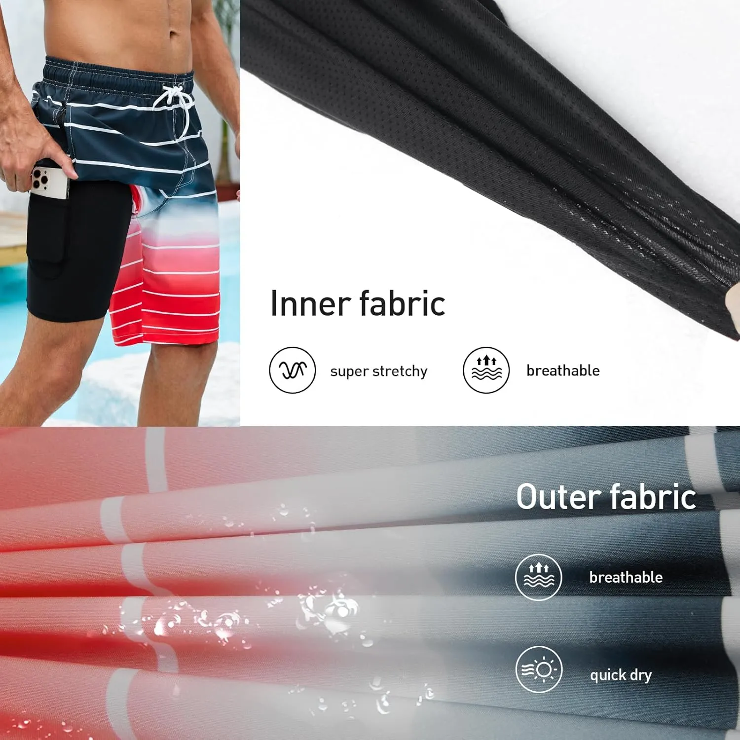Arcweg Mens Swim Trunks with Compression Liner 9” Men Beach Board 2 in 1 Bathing Suit with Zipper Pockets, Quick Dry