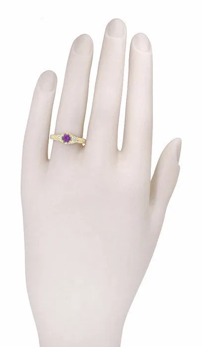 Art Deco Filigree Hexagon Amethyst Engagement Ring in 14 Karat Yellow Gold with Side Diamonds