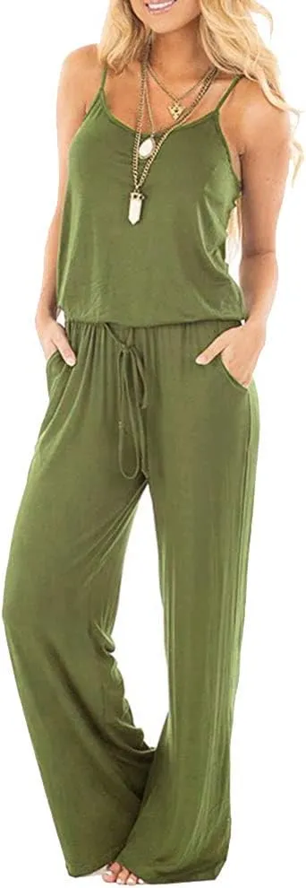 Artfish Women Casual Sleeveless Spaghetti Strap Striped Lounge Pajama Jumpsuit