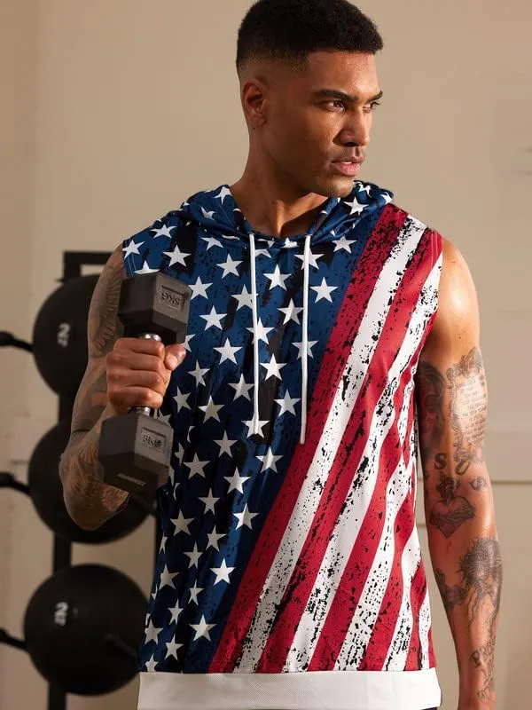 Arvilhill Men's 4th of July Hooded Tank Tops American Flag Sleeveless Shirts Patriotic Muscle Cutoff Shirt (S-XXL)