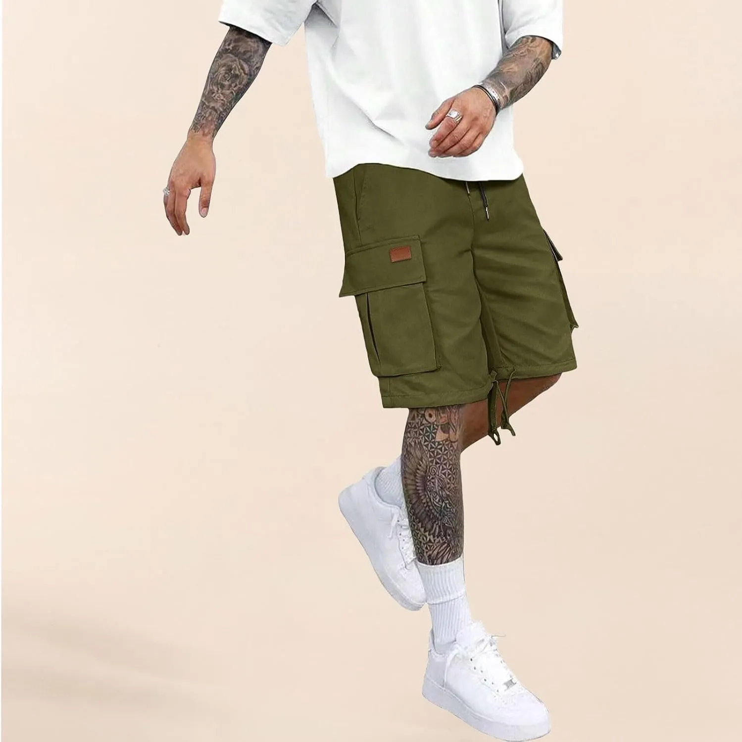 Athletic Cargo Shorts for Men Drawstring Wide Leg Casual Summer Short Fashion Outdoor Vacation Beach Workout Pants