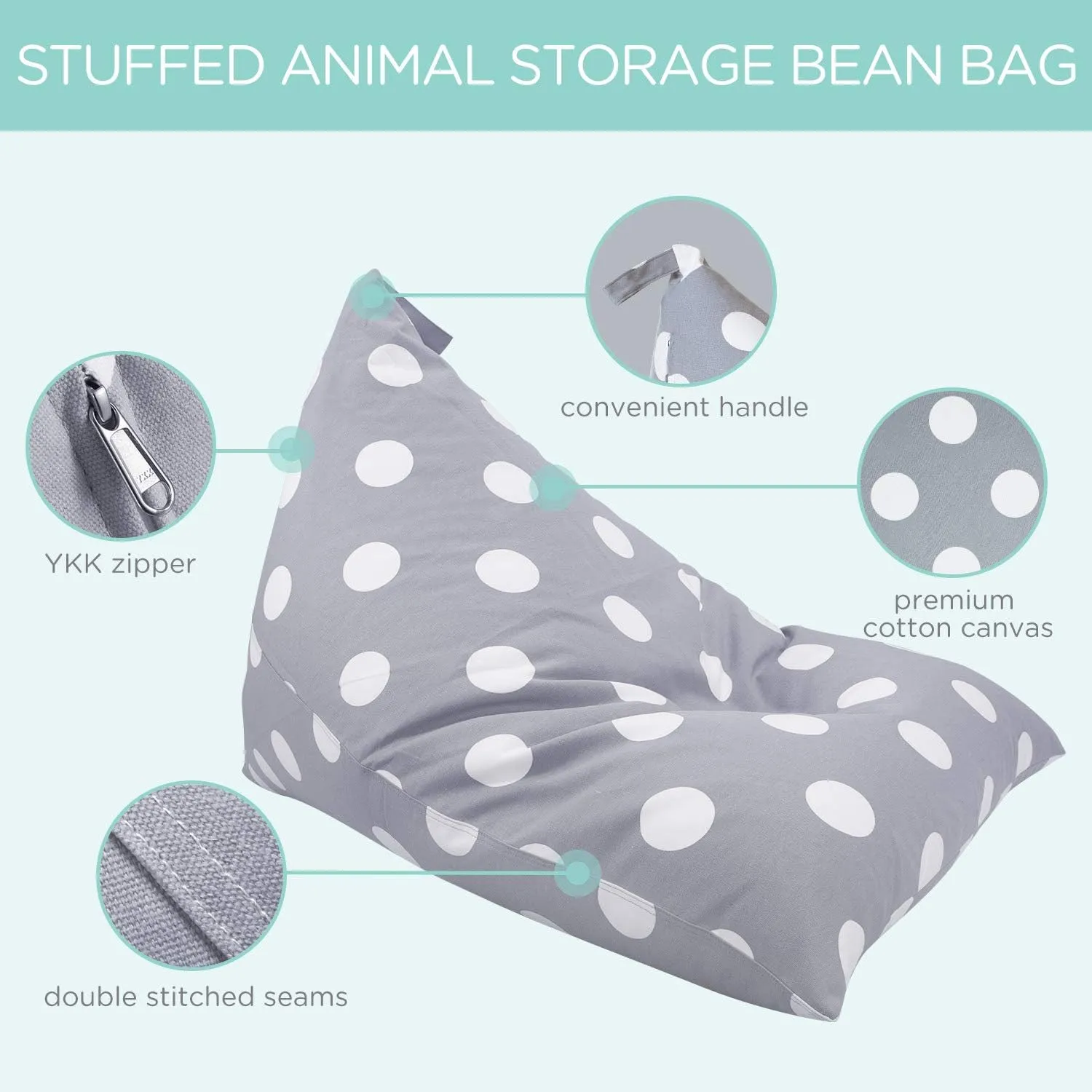 Aubliss Stuffed Animal Storage Bean Bag Chair Cover, 50"x 35" Extra Large Bean Bags for Kids & Adults, Beanbag Toy Storage for Boys Girls - Premium Cotton Canvas Grey Dot