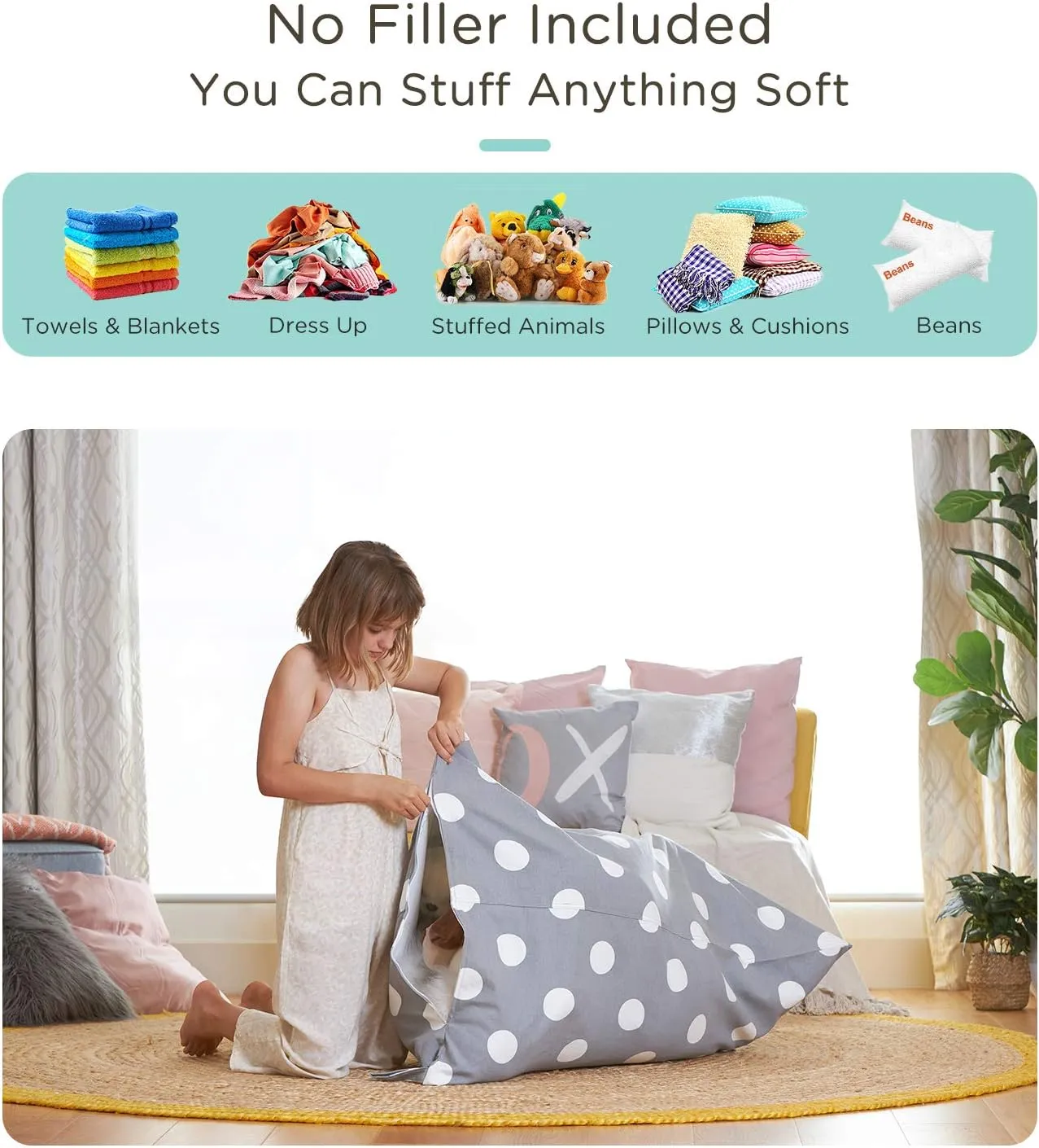 Aubliss Stuffed Animal Storage Bean Bag Chair Cover, 50"x 35" Extra Large Bean Bags for Kids & Adults, Beanbag Toy Storage for Boys Girls - Premium Cotton Canvas Grey Dot