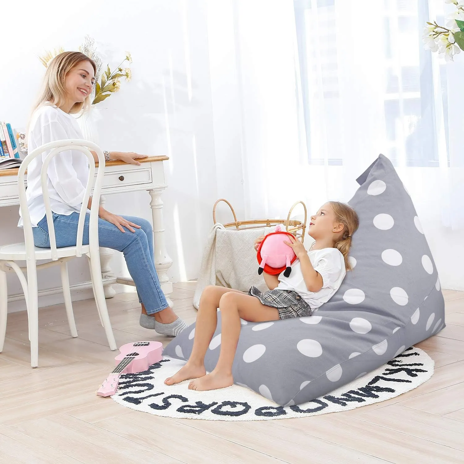 Aubliss Stuffed Animal Storage Bean Bag Chair Cover, 50"x 35" Extra Large Bean Bags for Kids & Adults, Beanbag Toy Storage for Boys Girls - Premium Cotton Canvas Grey Dot