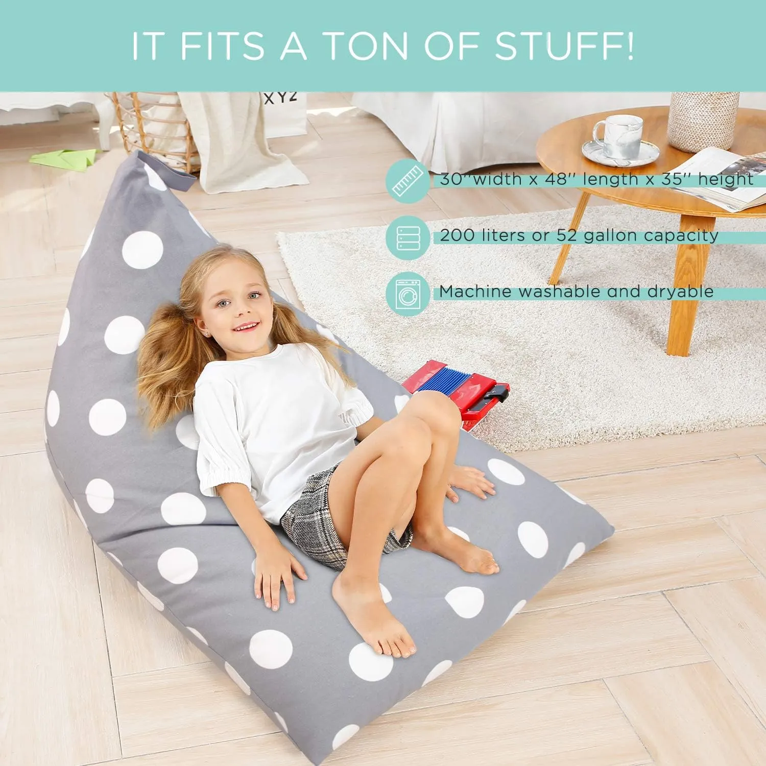 Aubliss Stuffed Animal Storage Bean Bag Chair Cover, 50"x 35" Extra Large Bean Bags for Kids & Adults, Beanbag Toy Storage for Boys Girls - Premium Cotton Canvas Grey Dot