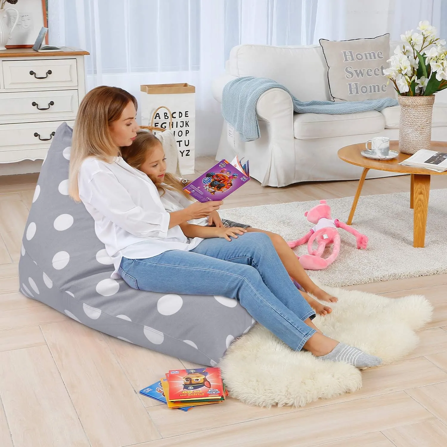 Aubliss Stuffed Animal Storage Bean Bag Chair Cover, 50"x 35" Extra Large Bean Bags for Kids & Adults, Beanbag Toy Storage for Boys Girls - Premium Cotton Canvas Grey Dot