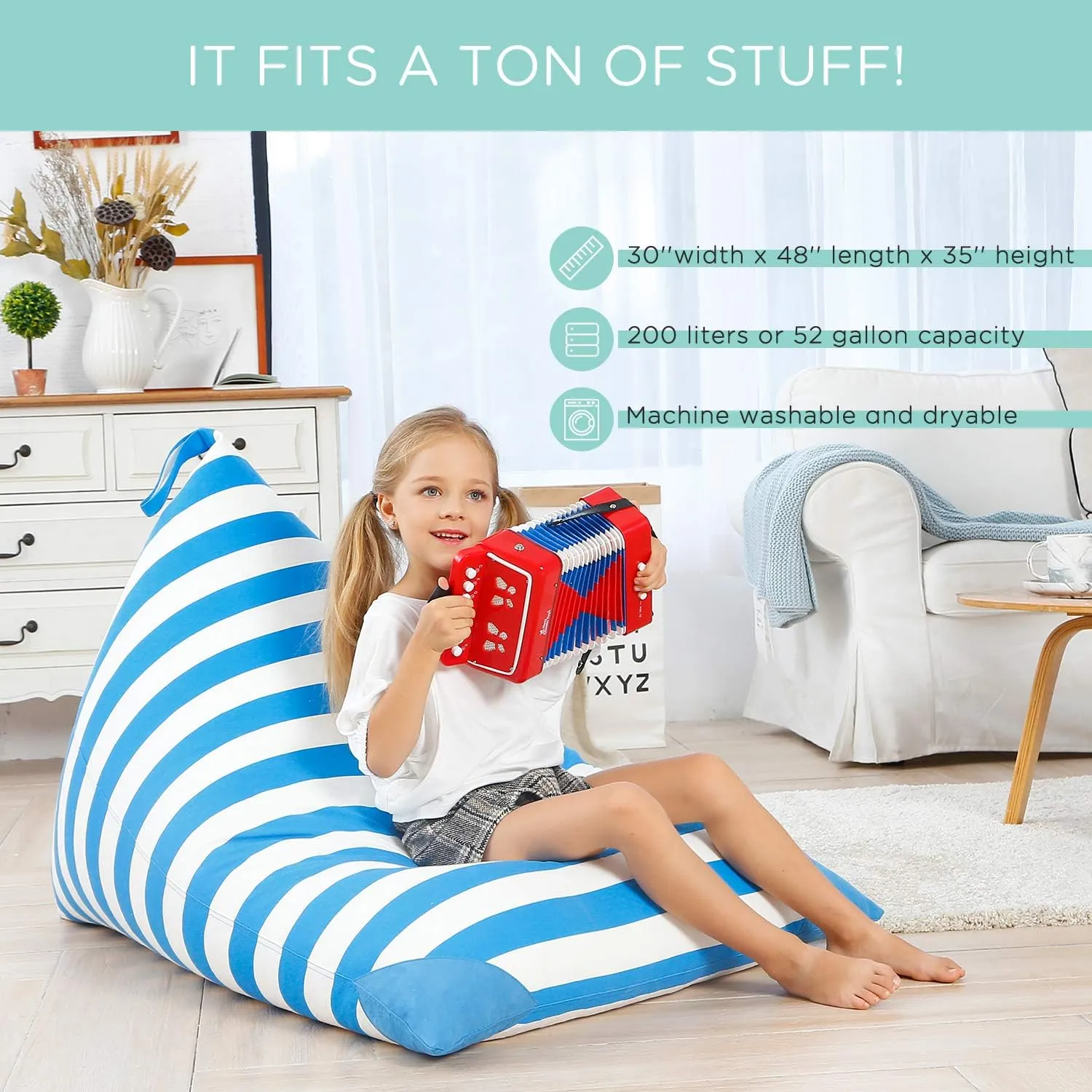 Aubliss Stuffed Animal Storage Bean Bag Chairs Cover, 50"x 35" Extra Large Bean Bags Chair for Kids & Adults, Beanbag Toy Storage for Boys Girls - Premium Cotton Canvas Blue Stripe