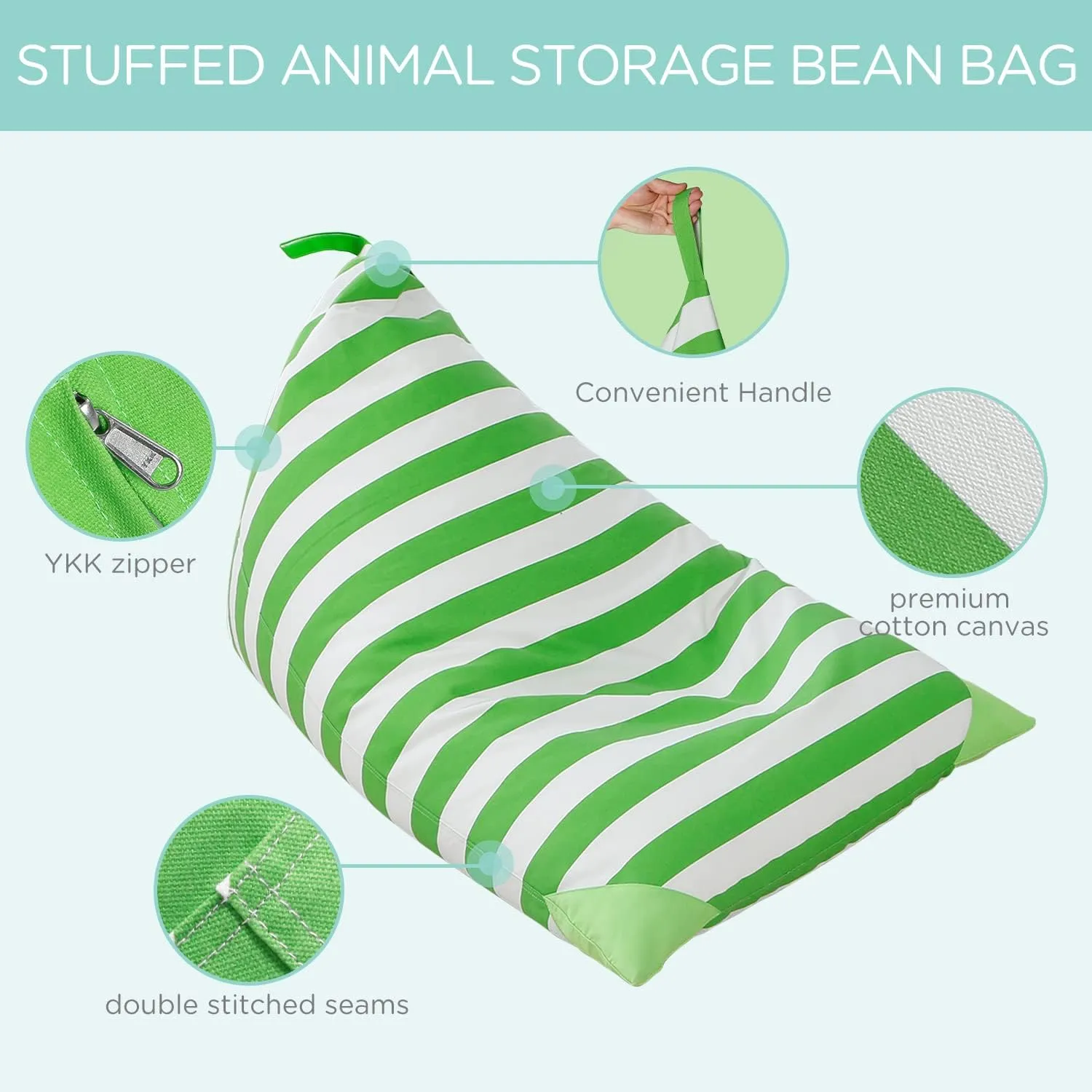 Aubliss Stuffed Animal Storage Bean Bag Chairs Cover, 50"x 35" Extra Large Bean Bags Chair for Kids & Adults, Beanbag Toy Storage for Boys Girls - Premium Cotton Canvas Green Stripe