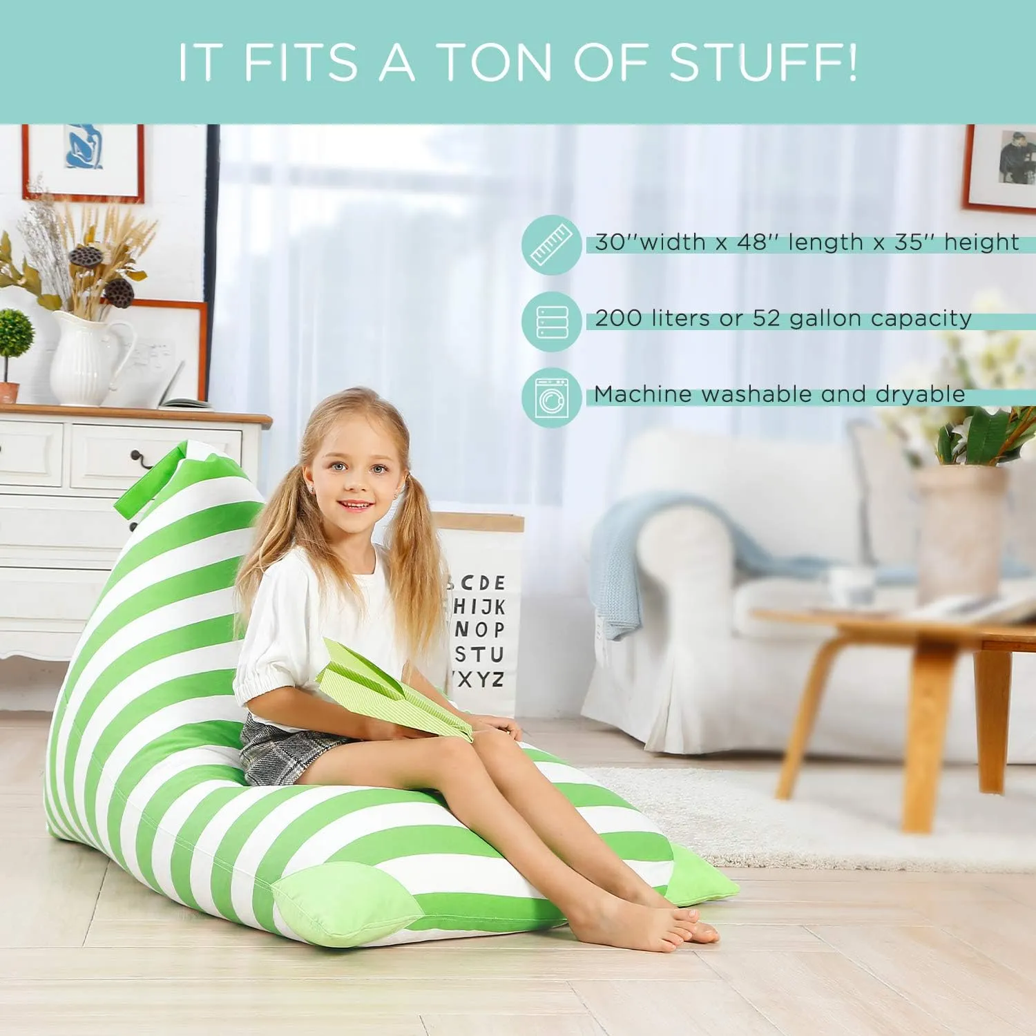 Aubliss Stuffed Animal Storage Bean Bag Chairs Cover, 50"x 35" Extra Large Bean Bags Chair for Kids & Adults, Beanbag Toy Storage for Boys Girls - Premium Cotton Canvas Green Stripe