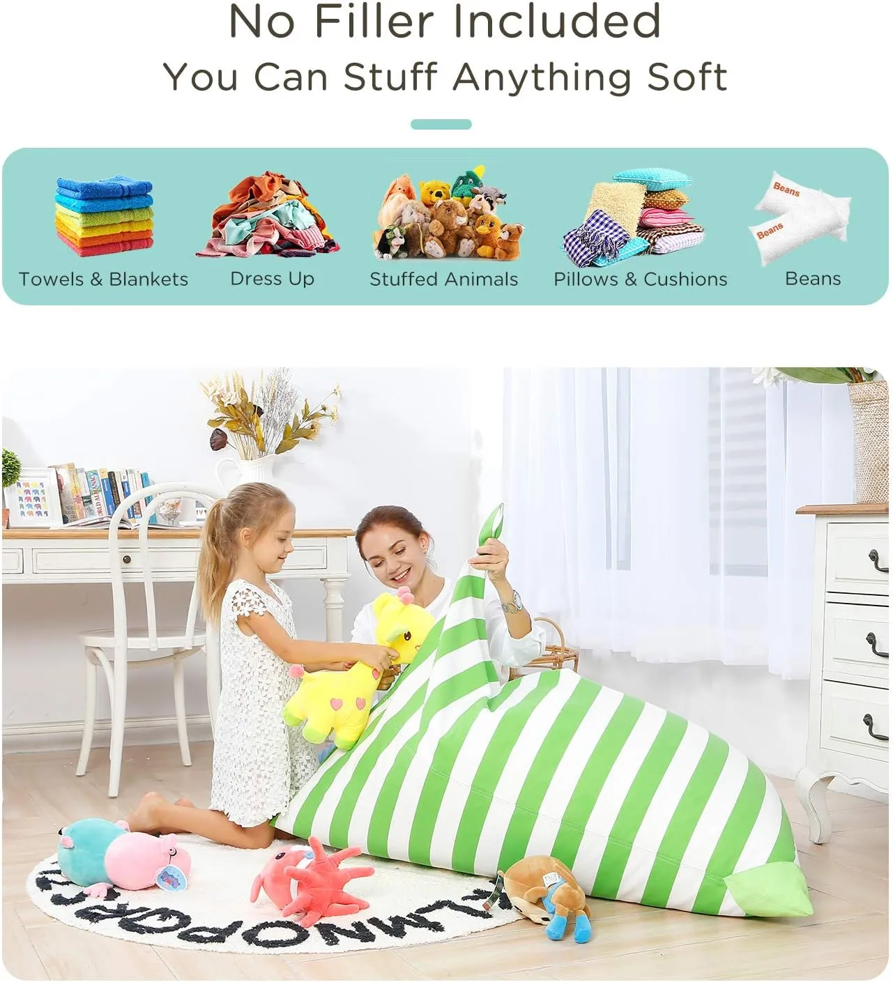 Aubliss Stuffed Animal Storage Bean Bag Chairs Cover, 50"x 35" Extra Large Bean Bags Chair for Kids & Adults, Beanbag Toy Storage for Boys Girls - Premium Cotton Canvas Green Stripe