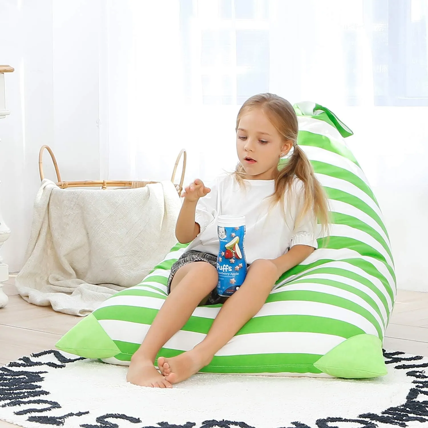 Aubliss Stuffed Animal Storage Bean Bag Chairs Cover, 50"x 35" Extra Large Bean Bags Chair for Kids & Adults, Beanbag Toy Storage for Boys Girls - Premium Cotton Canvas Green Stripe