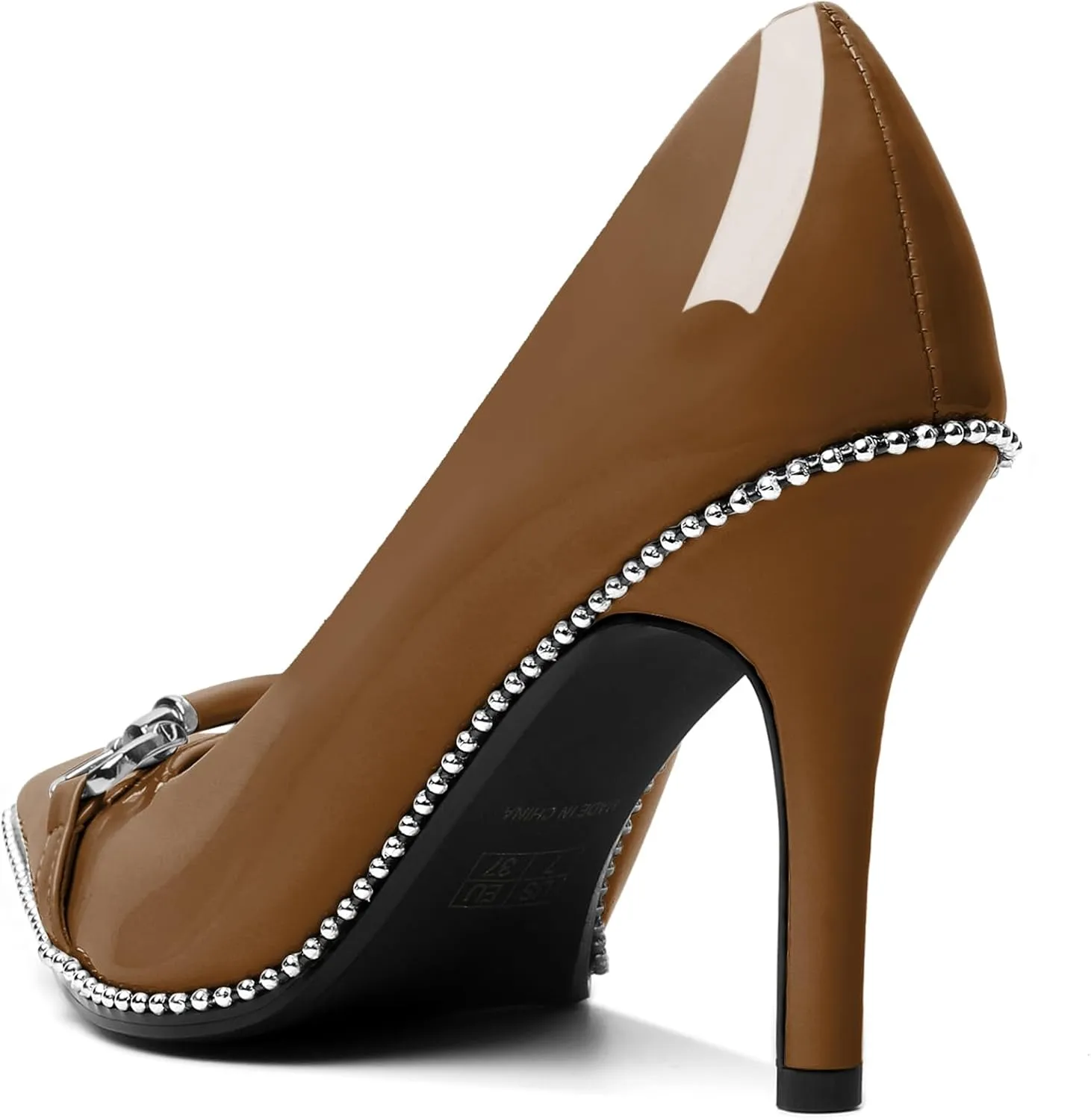 AUMOTED Women Beaded Pumps Pointed Toe Buckle Bow High Heel Stilettos Slip On 3.5 Inch Dress Shoes Office Party Patent Leather US Size 5-13