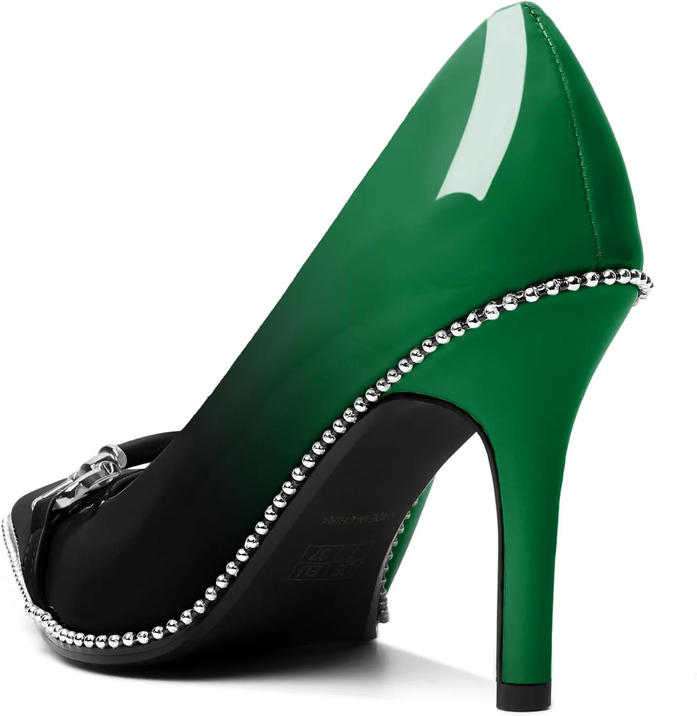 AUMOTED Women Beaded Pumps Pointed Toe Buckle Bow High Heel Stilettos Slip On 3.5 Inch Dress Shoes Office Party Patent Leather US Size 5-13