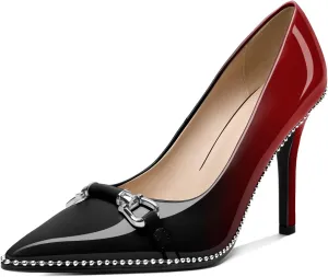 AUMOTED Women Beaded Pumps Pointed Toe Buckle Bow High Heel Stilettos Slip On 3.5 Inch Dress Shoes Office Party Patent Leather US Size 5-13