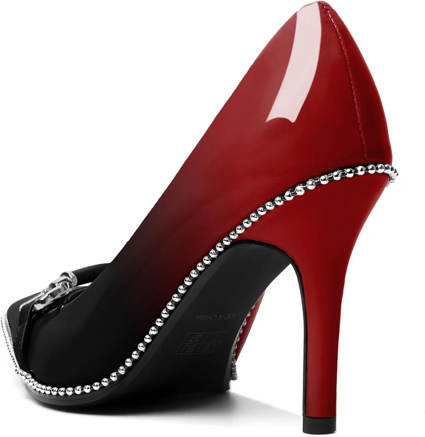 AUMOTED Women Beaded Pumps Pointed Toe Buckle Bow High Heel Stilettos Slip On 3.5 Inch Dress Shoes Office Party Patent Leather US Size 5-13