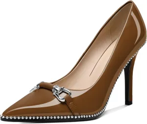 AUMOTED Women Beaded Pumps Pointed Toe Buckle Bow High Heel Stilettos Slip On 3.5 Inch Dress Shoes Office Party Patent Leather US Size 5-13