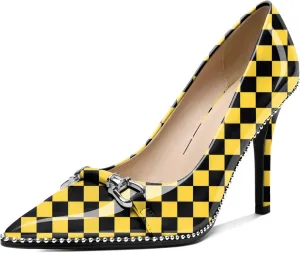 AUMOTED Women Beaded Pumps Pointed Toe Buckle Bow High Heel Stilettos Slip On 3.5 Inch Dress Shoes Office Party Patent Leather US Size 5-13