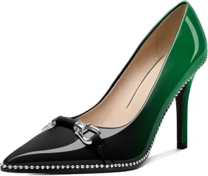 AUMOTED Women Beaded Pumps Pointed Toe Buckle Bow High Heel Stilettos Slip On 3.5 Inch Dress Shoes Office Party Patent Leather US Size 5-13