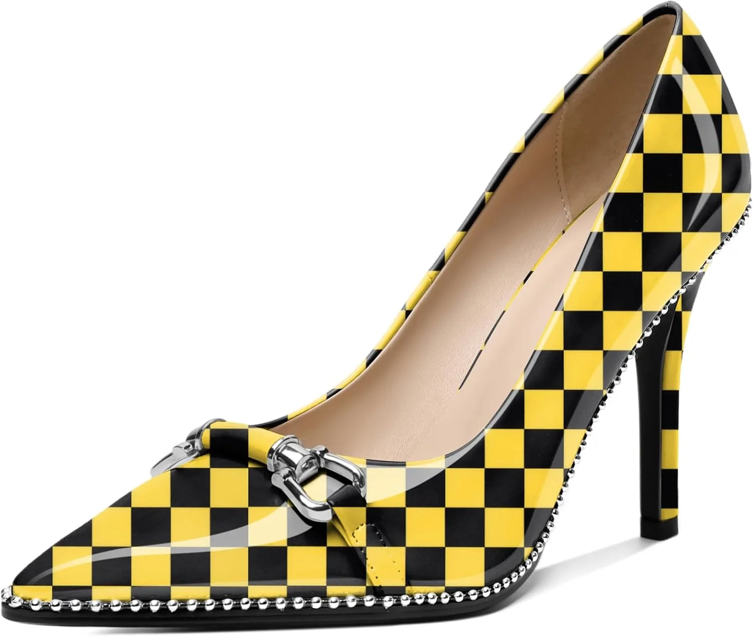 AUMOTED Women Beaded Pumps Pointed Toe Buckle Bow High Heel Stilettos Slip On 3.5 Inch Dress Shoes Office Party Patent Leather US Size 5-13